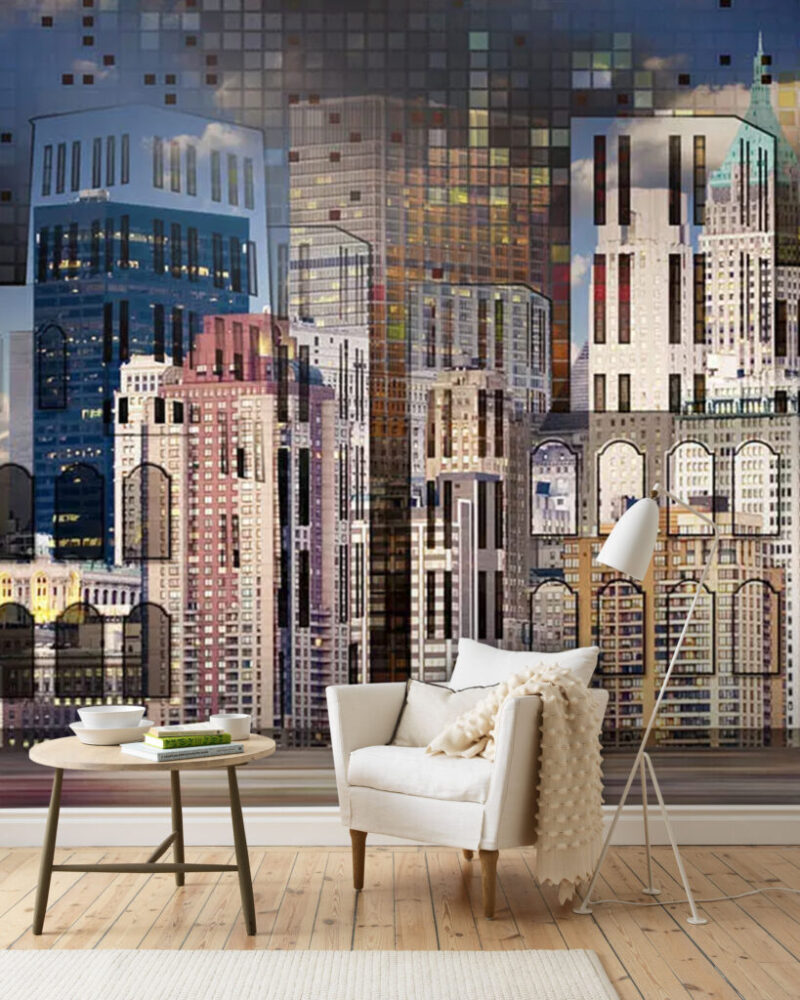 Night City Skyline Wallpaper : Lit Building Collage Mural - View 4