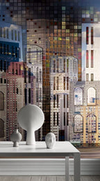 Night City Skyline Wallpaper : Lit Building Collage Mural - View 3