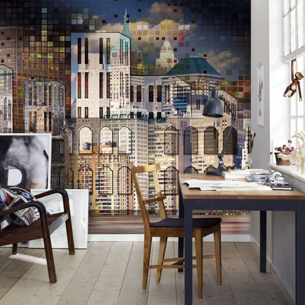 Night City Skyline Wallpaper : Lit Building Collage Mural - View 2