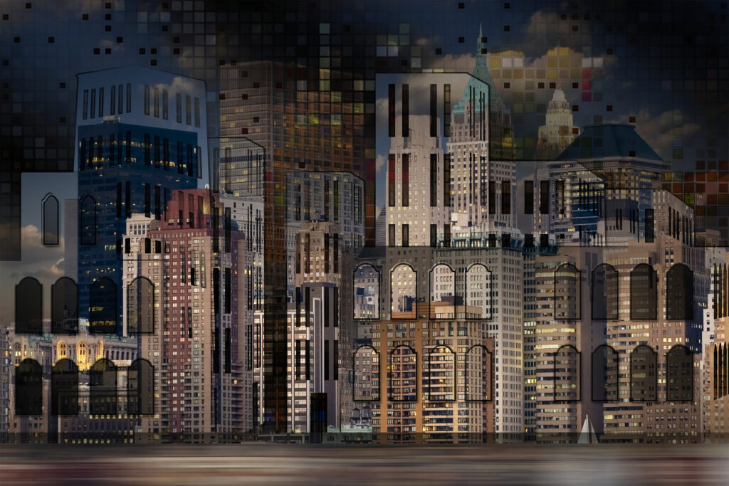 Night City Skyline Wallpaper : Lit Building Collage Mural - flat design