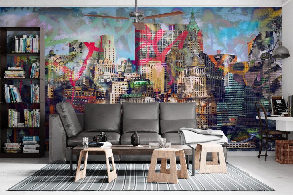 Graffiti City Wallpaper : Colorful Urban Skyline Mural