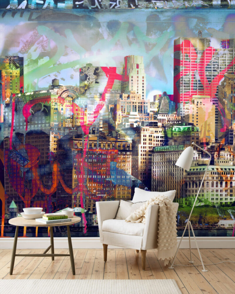 Graffiti City Wallpaper : Colorful Urban Skyline Mural - View 5