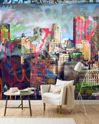 Graffiti City Wallpaper : Colorful Urban Skyline Mural - View 5