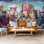Graffiti City Wallpaper : Colorful Urban Skyline Mural - View 4