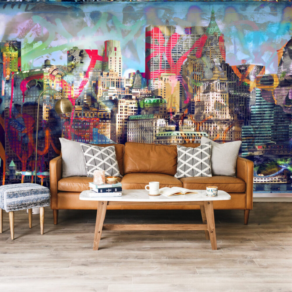 Graffiti City Wallpaper : Colorful Urban Skyline Mural - View 4