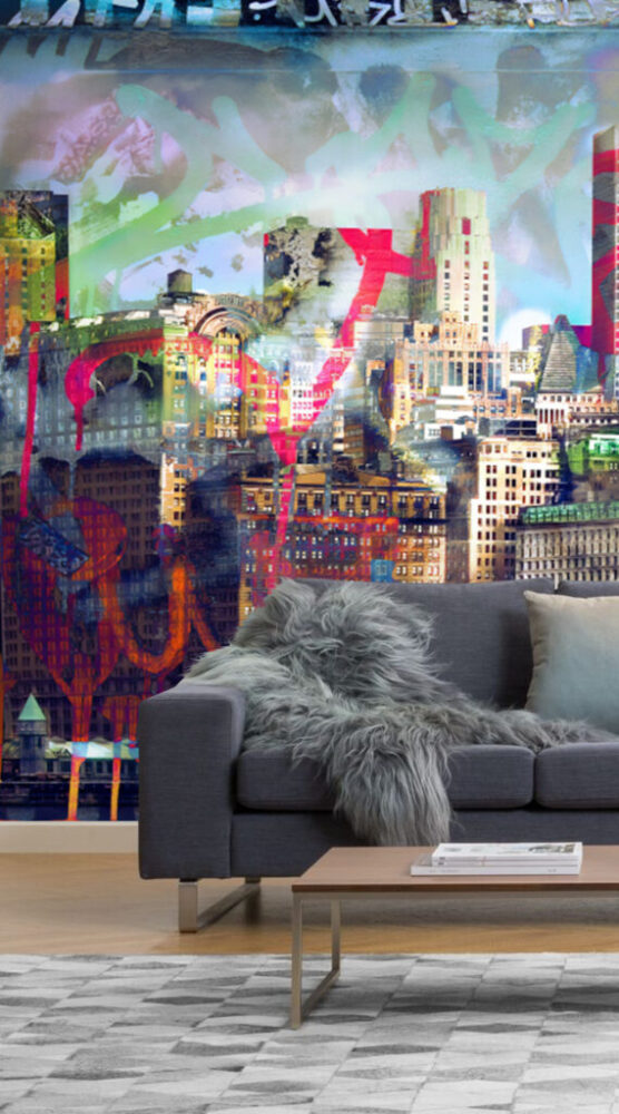Graffiti City Wallpaper : Colorful Urban Skyline Mural - View 2