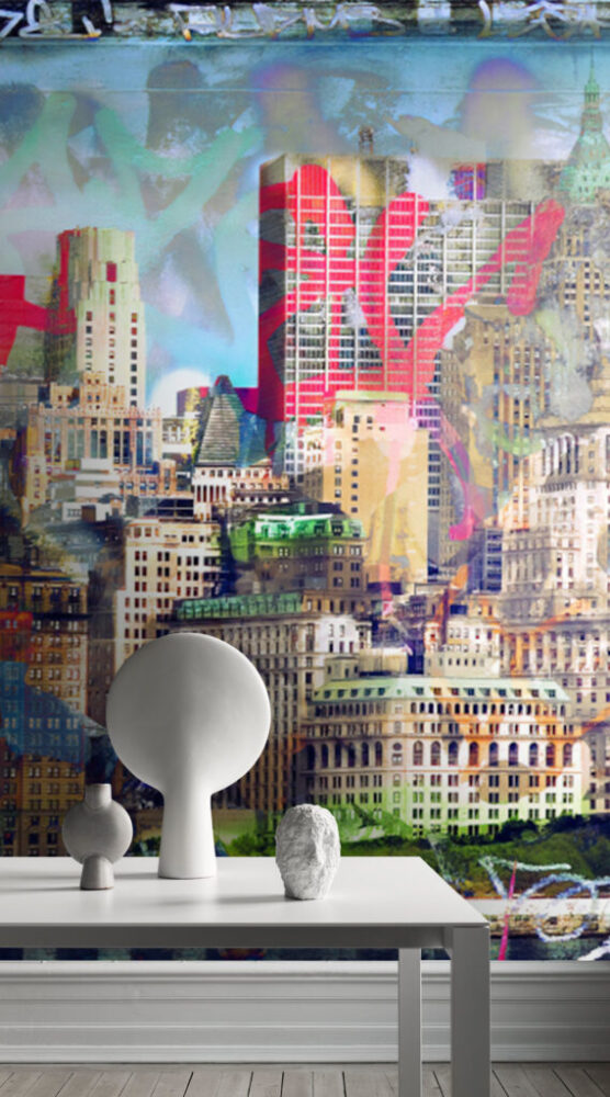 Graffiti City Wallpaper : Colorful Urban Skyline Mural - View 3