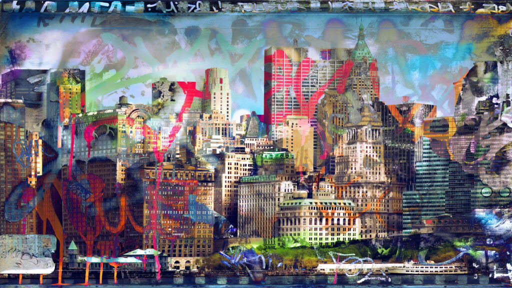 Graffiti City Wallpaper : Colorful Urban Skyline Mural - flat design