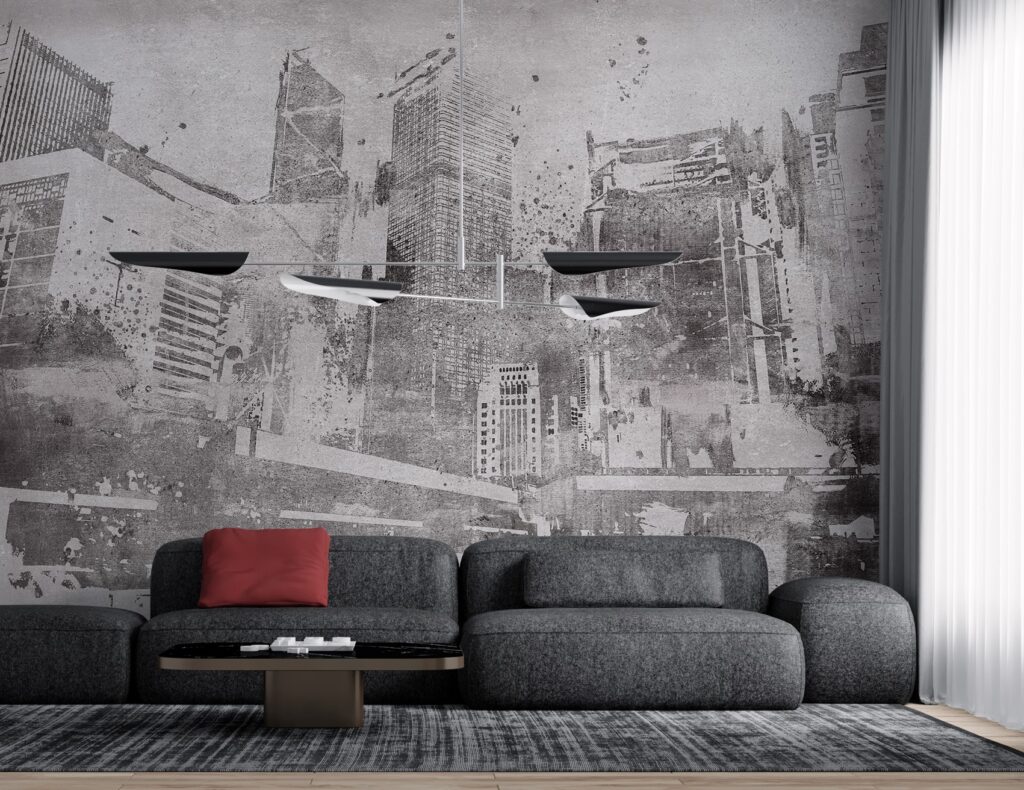 Distressed City Wallpaper : Grey Grunge Skyline Mural