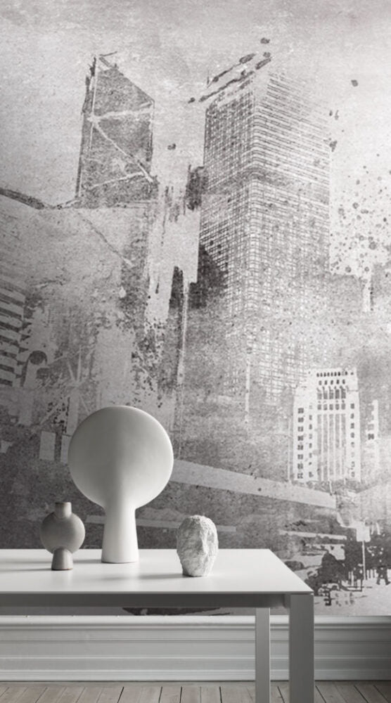 Distressed City Wallpaper : Grey Grunge Skyline Mural - View 4