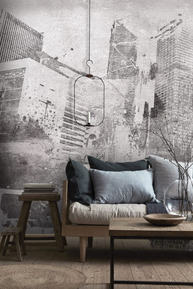Distressed City Wallpaper : Grey Grunge Skyline Mural - View 3