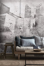 Distressed City Wallpaper : Grey Grunge Skyline Mural - View 3