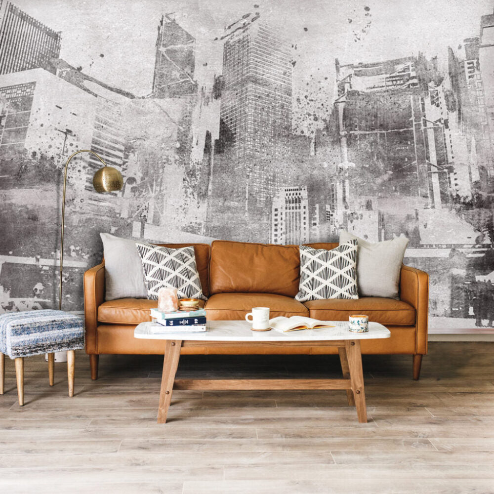 Distressed City Wallpaper : Grey Grunge Skyline Mural - View 5