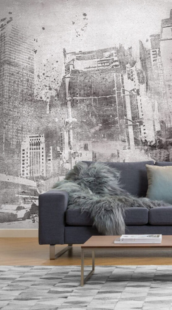Distressed City Wallpaper : Grey Grunge Skyline Mural - View 2