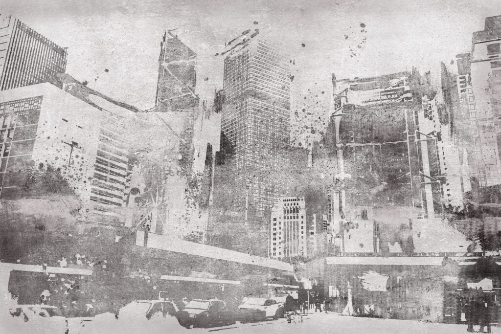 Distressed City Wallpaper : Grey Grunge Skyline Mural - flat design