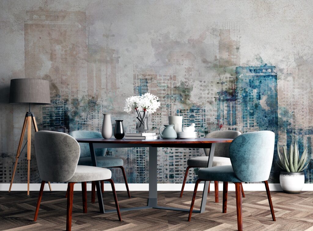 Watercolor City Wallpaper : Blue Grey Skyline Mural