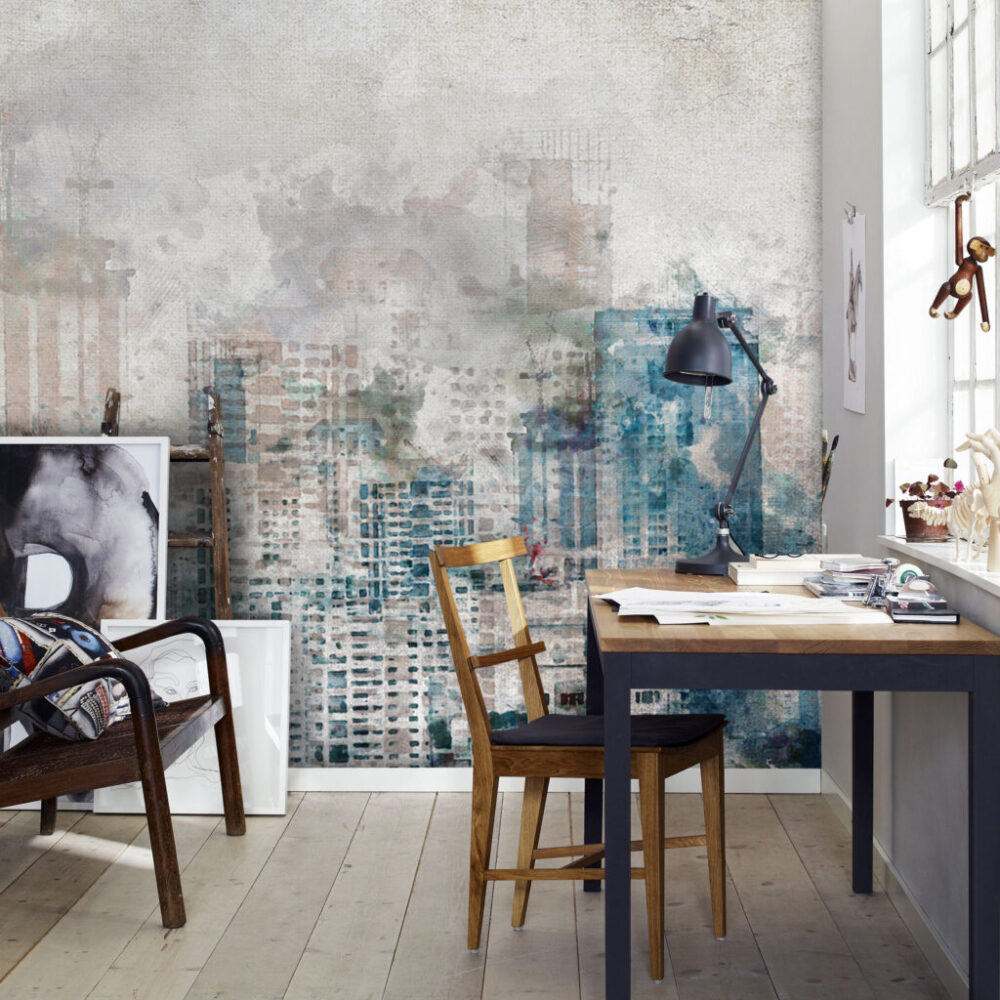 Watercolor City Wallpaper : Blue Grey Skyline Mural - View 5