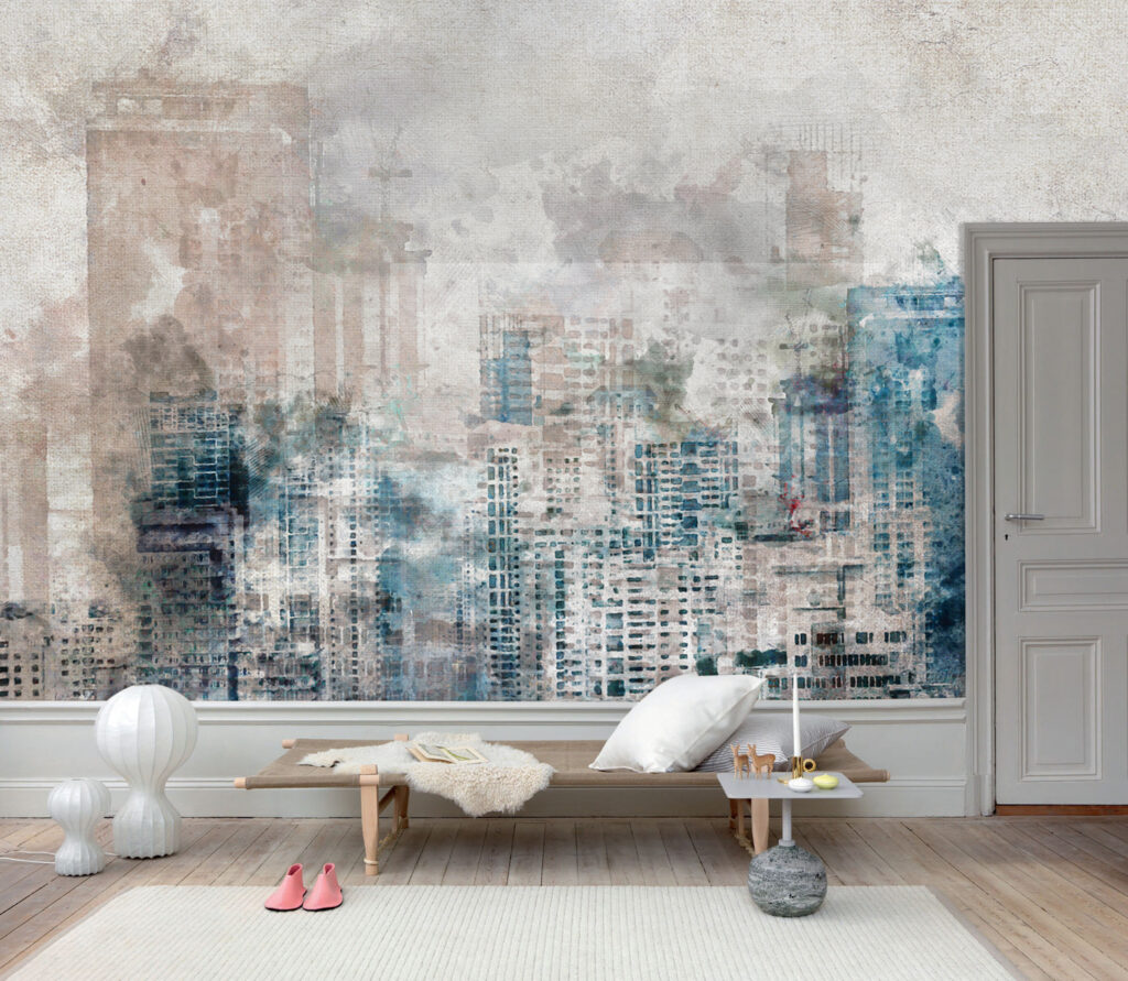Watercolor City Wallpaper : Blue Grey Skyline Mural - View 4