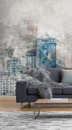 Watercolor City Wallpaper : Blue Grey Skyline Mural - View 2