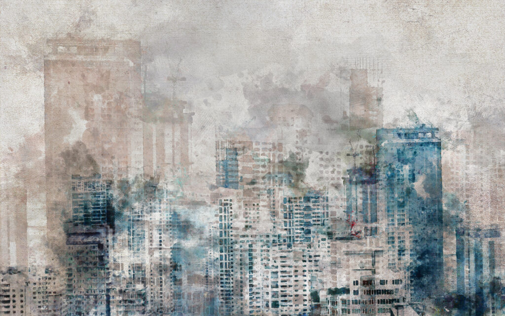 Watercolor City Wallpaper : Blue Grey Skyline Mural - flat design