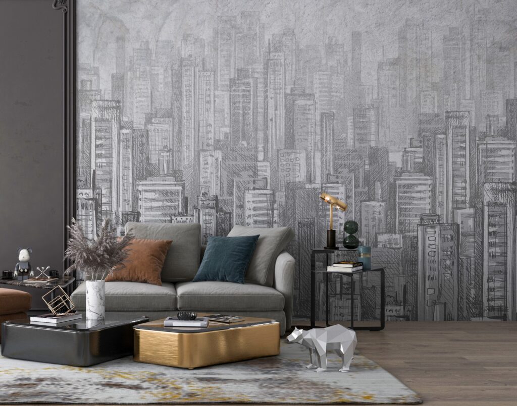 Pencil Sketch Skyline Wallpaper : Grey Skyscrapers Mural