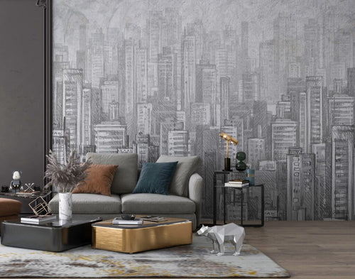 Pencil Sketch Skyline Wallpaper : Grey Skyscrapers Mural