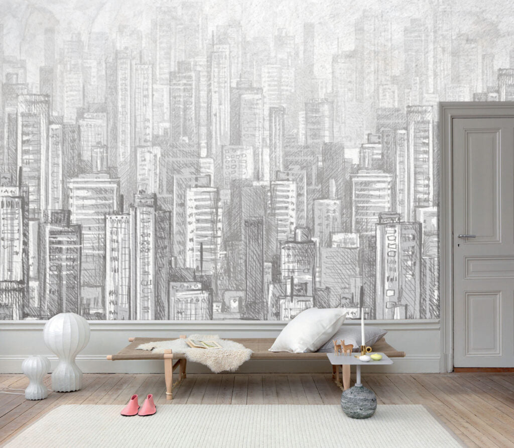 Pencil Sketch Skyline Wallpaper : Grey Skyscrapers Mural - View 5
