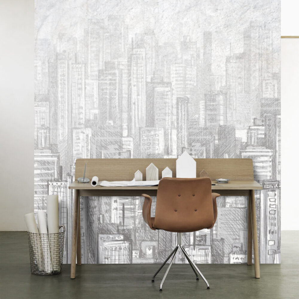 Pencil Sketch Skyline Wallpaper : Grey Skyscrapers Mural - View 4