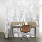 Pencil Sketch Skyline Wallpaper : Grey Skyscrapers Mural - View 4