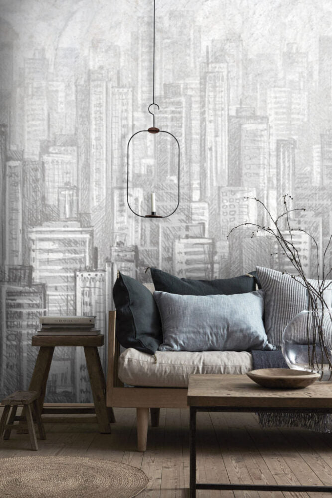 Pencil Sketch Skyline Wallpaper : Grey Skyscrapers Mural - View 2