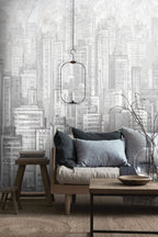 Pencil Sketch Skyline Wallpaper : Grey Skyscrapers Mural - View 2
