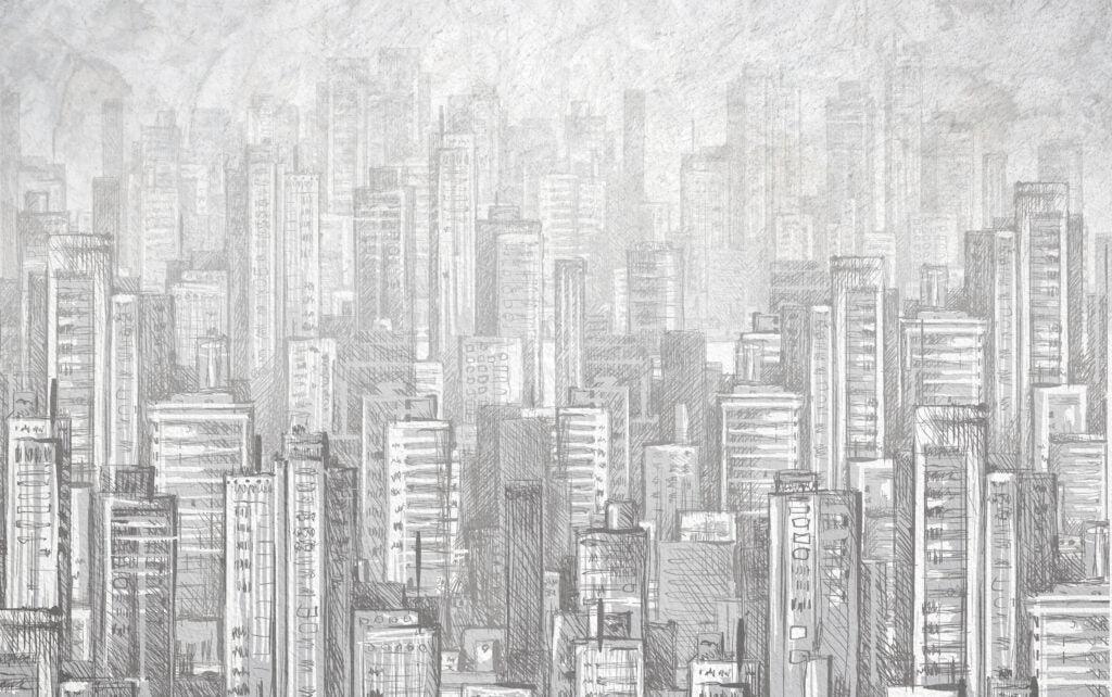 Pencil Sketch Skyline Wallpaper : Grey Skyscrapers Mural - flat design