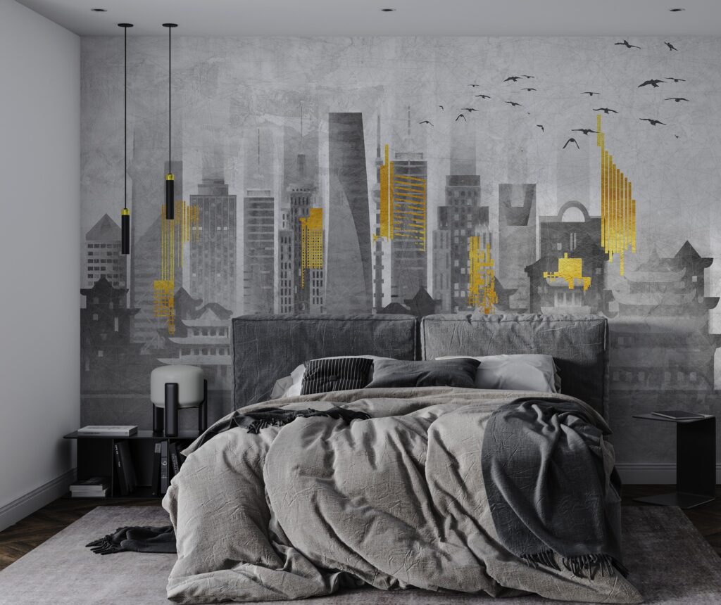 Grey Yellow City Wallpaper : Abstract Skyline Pagodas Mural