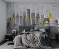 Grey Yellow City Wallpaper : Abstract Skyline Pagodas Mural
