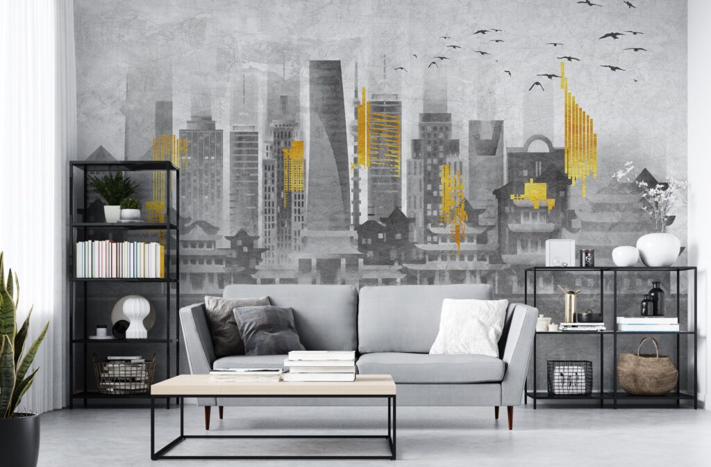 Grey Yellow City Wallpaper : Abstract Skyline Pagodas Mural - View 2