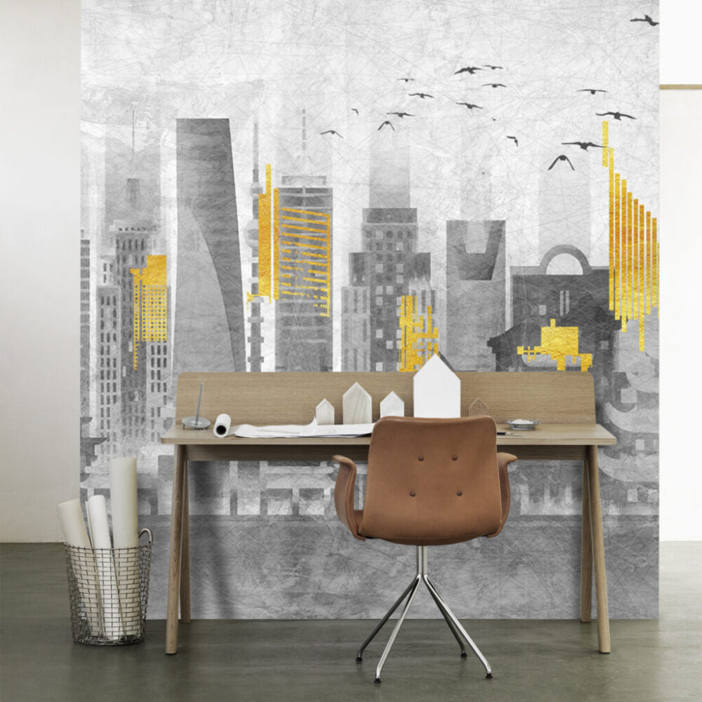Grey Yellow City Wallpaper : Abstract Skyline Pagodas Mural - View 4