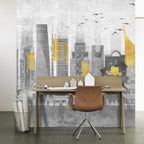 Grey Yellow City Wallpaper : Abstract Skyline Pagodas Mural - View 4