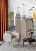 Grey Yellow City Wallpaper : Abstract Skyline Pagodas Mural - View 3