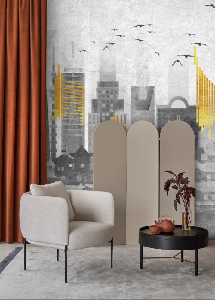 Grey Yellow City Wallpaper : Abstract Skyline Pagodas Mural - View 3