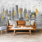 Grey Yellow City Wallpaper : Abstract Skyline Pagodas Mural - View 5