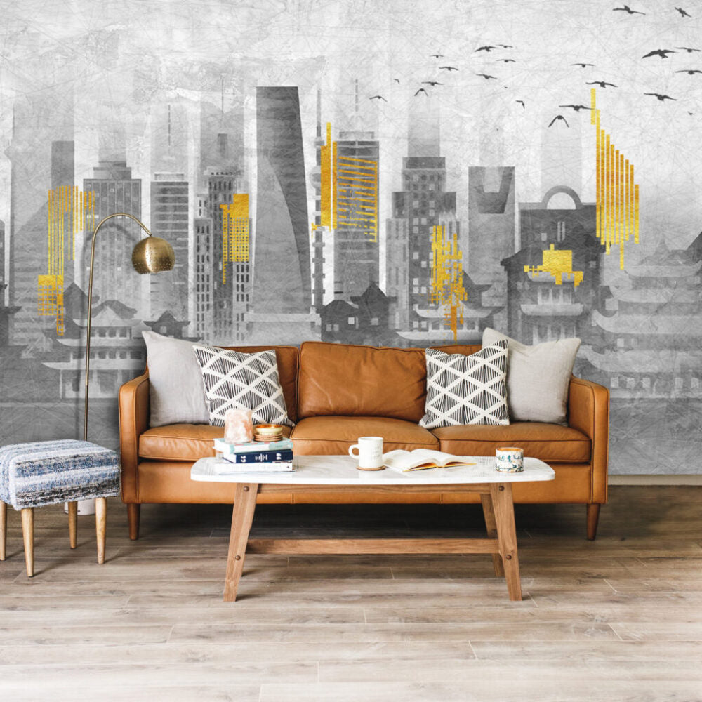 Grey Yellow City Wallpaper : Abstract Skyline Pagodas Mural - View 5