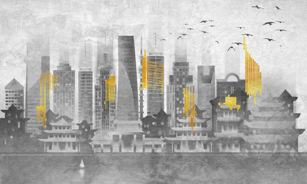 Grey Yellow City Wallpaper : Abstract Skyline Pagodas Mural - flat design