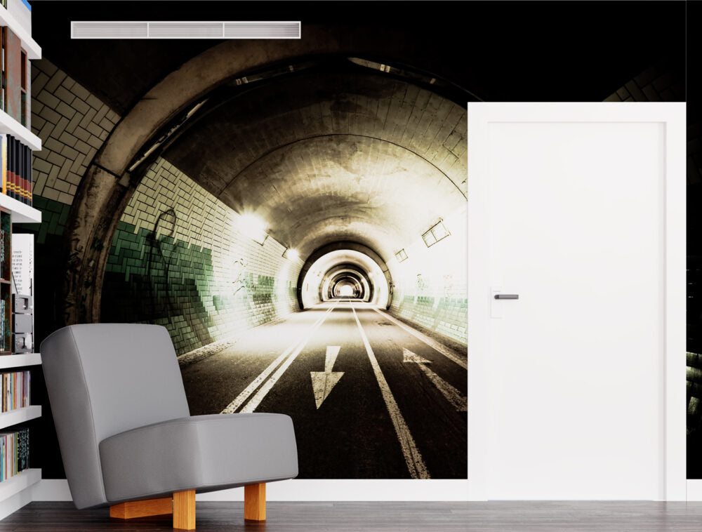 Tiled Tunnel Wallpaper : 3D Road Tunnel Perspective Mural - View 2