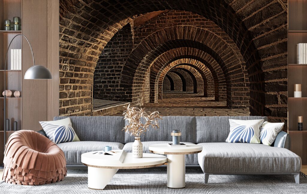 Brick Archway Tunnel Wallpaper : 3D Vaulted Cellar Mural - View 2