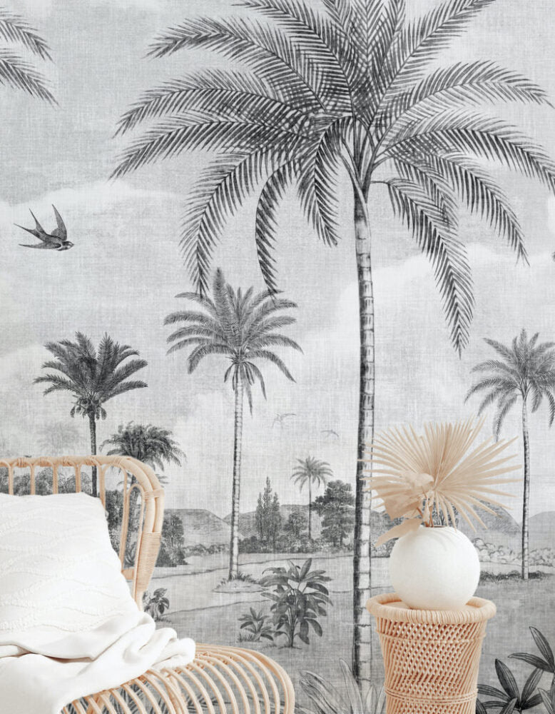 Grey Palm Grove Wallpaper : Vintage Tropical Landscape Mural - View 3