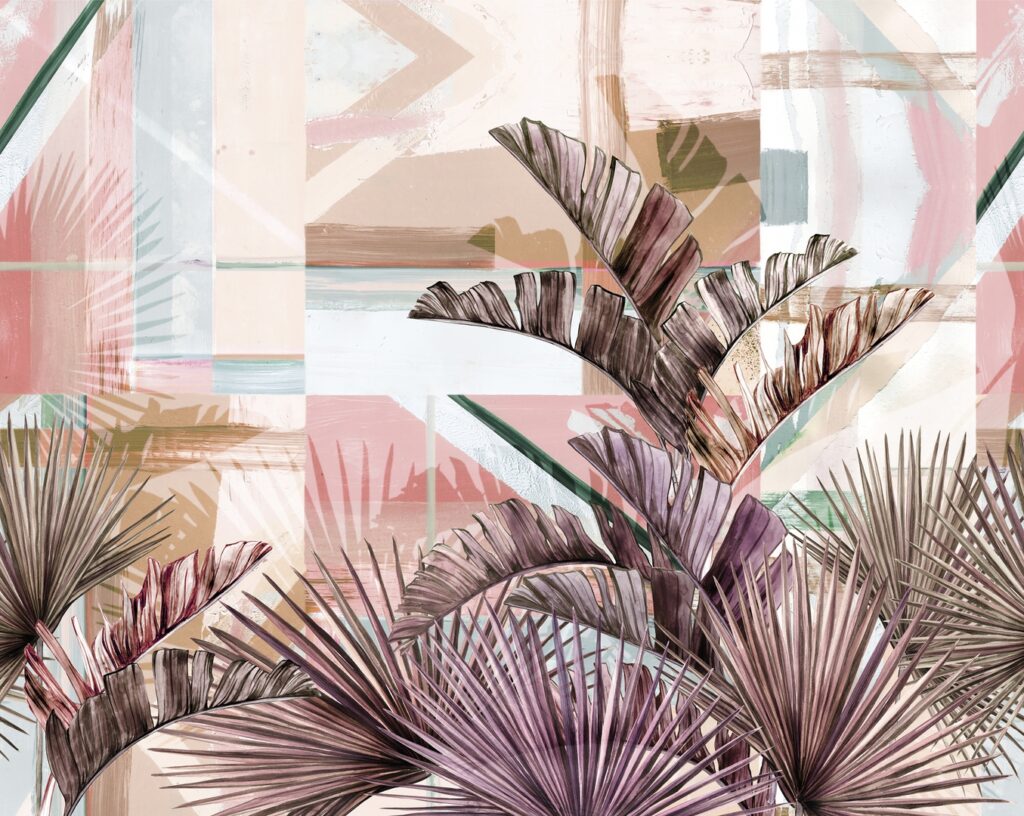 Burgundy Palm Wallpaper : Pink Geometric Tropical Mural - View 2