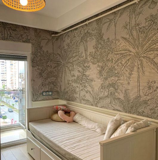 Green Toile Palm Wallpaper : Sketched Tropical Forest Mural