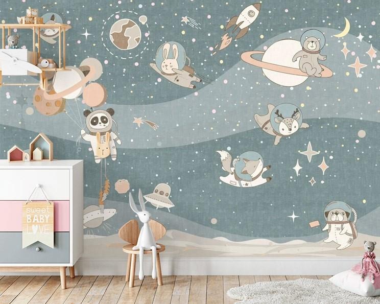 Astronaut Animals Wallpaper : Space Fox and Panda Kids Mural