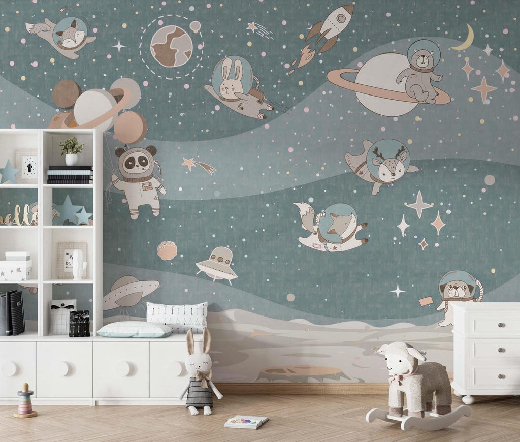 Astronaut Animals Wallpaper : Space Fox and Panda Kids Mural - View 2