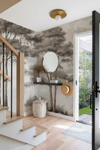 Sepia Pine Forest Wallpaper : Misty Sketched Trees Mural - View 3
